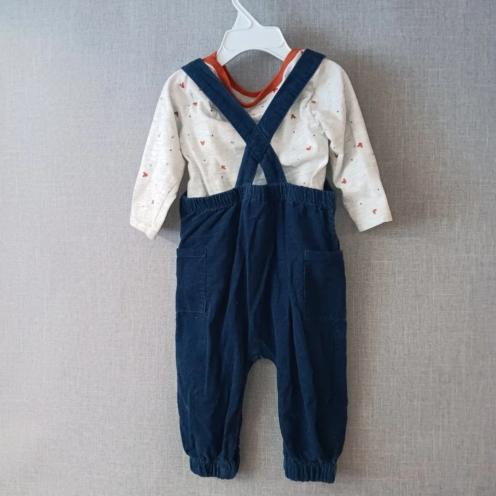 Disney Baby Mickey Mouse Overall Set Corduroy Long Sleeve Shirt 12M Snap‎ Legs